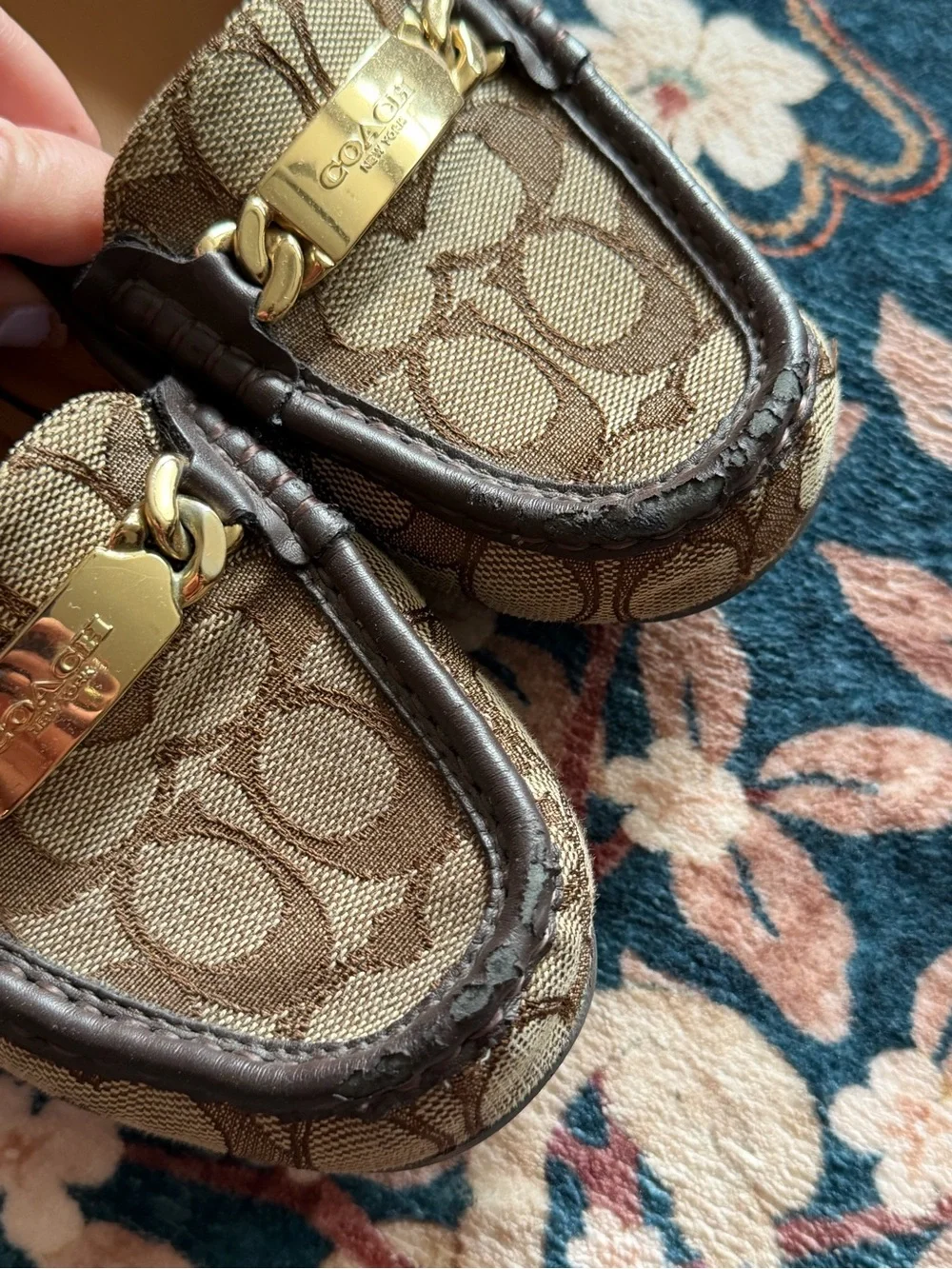 Coach Brown Signature Canvas and Dark Brown Leather Loafers with Gold Hardware
